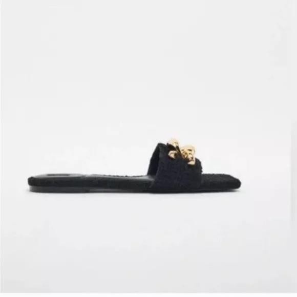 Zara Tweed Slide in Sandals with Chunky Gold Jeweled Embellishment Size 10 NWT - Picture 5 of 5